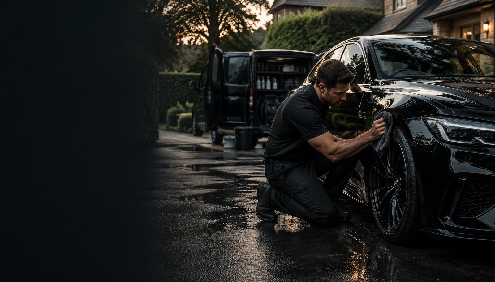 Professional valeter detailing a black car on a driveway